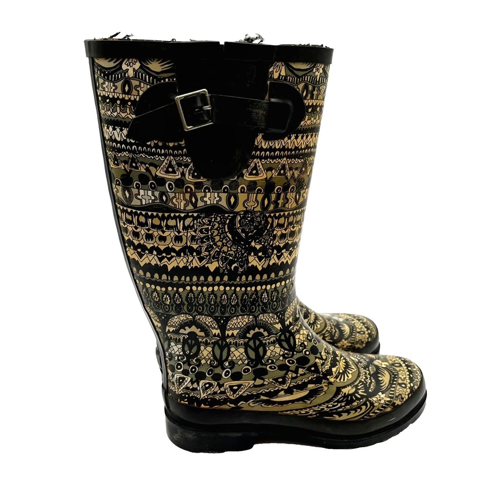 Sakroots Mid Calf Rain Boots Womens US 7 Black Geometric Tonal Print Waterproof